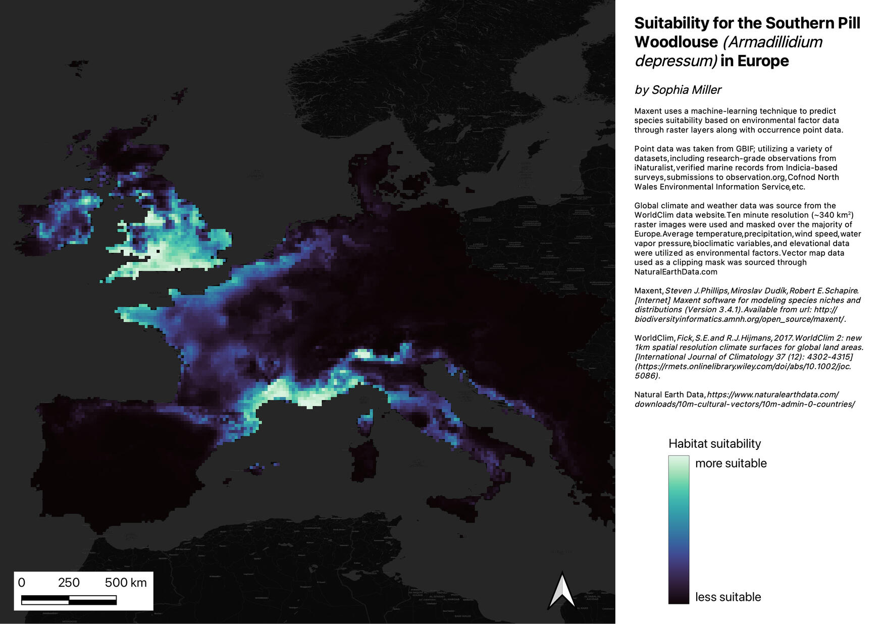 Suitability map for the Southern Pill Woodlouse - utilizing Maxent and WorldClim environmental data. Made in QGIS